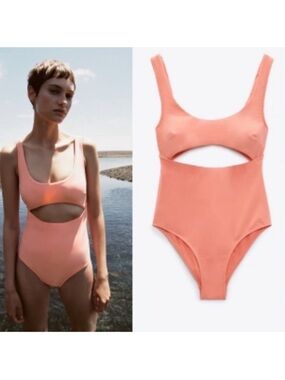 Zara Peach Cut Out High Cut One Piece Swim Suit Large